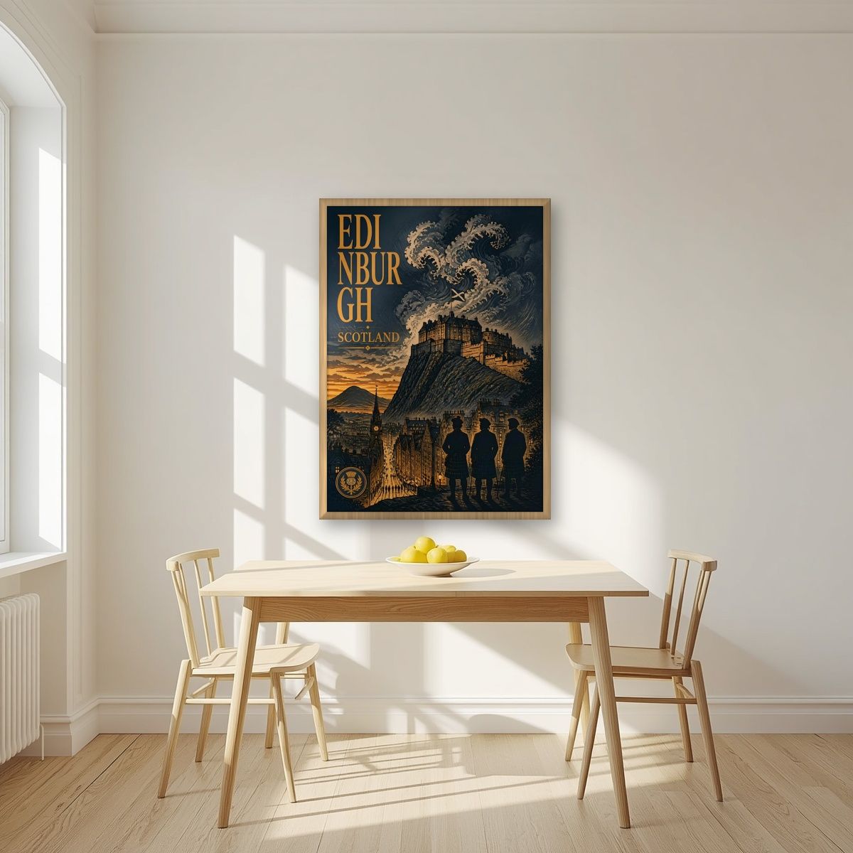 Auld Reekie — Edinburgh art print, in an oak frame, styled in a kitchen