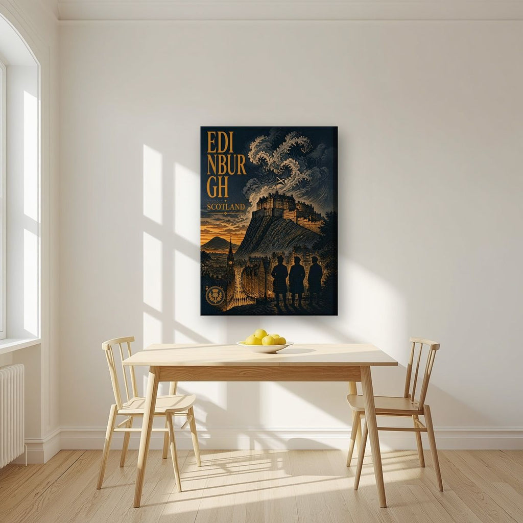 Auld Reekie — Edinburgh art print, on slim canvas, styled in a kitchen