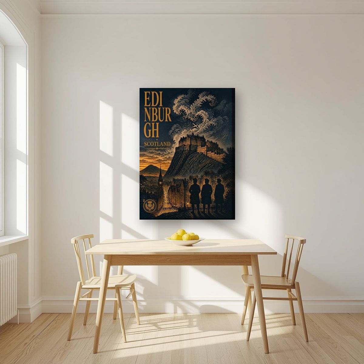 Auld Reekie — Edinburgh art print, on slim canvas, styled in a kitchen