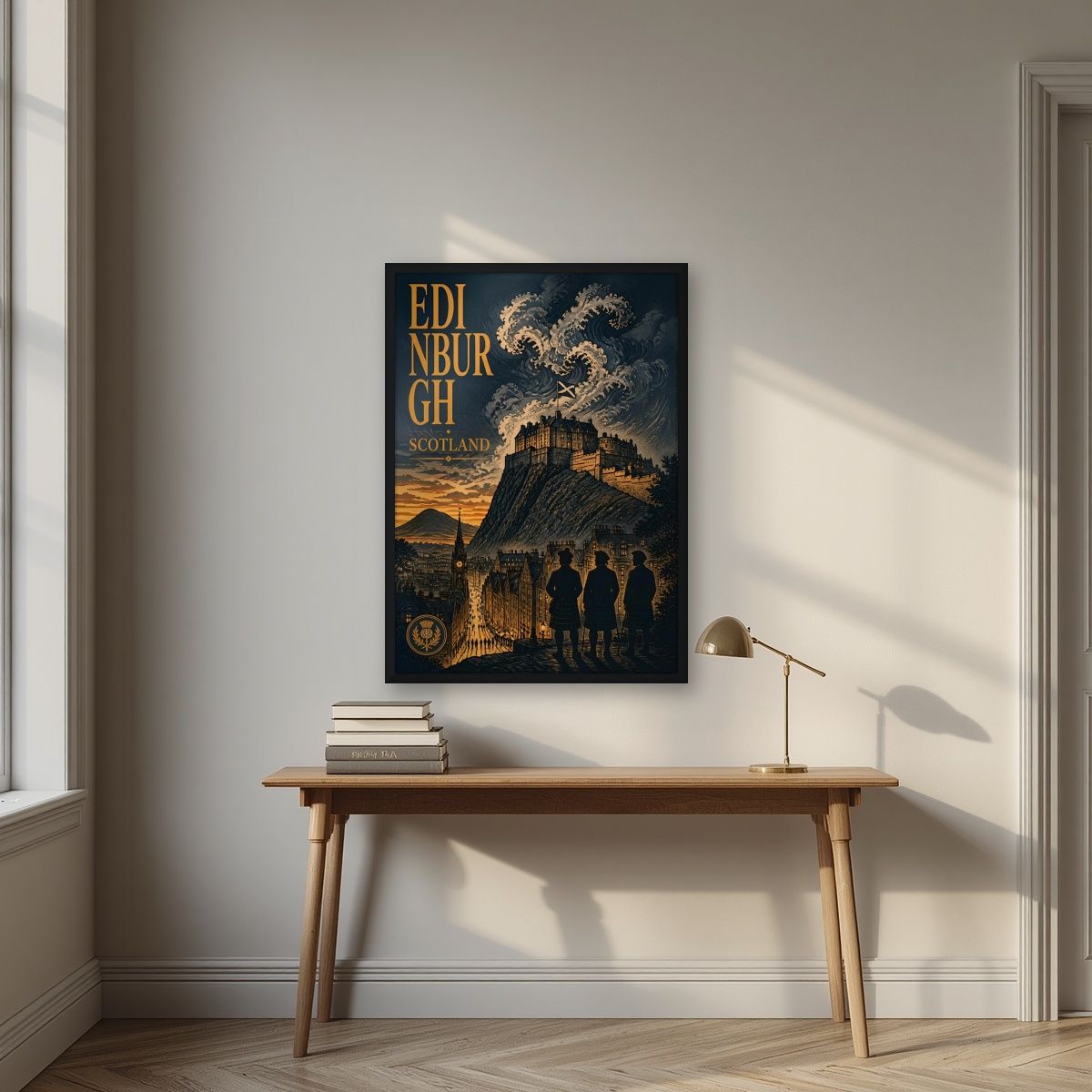 Auld Reekie — Edinburgh art print, in a black frame, styled in a desk