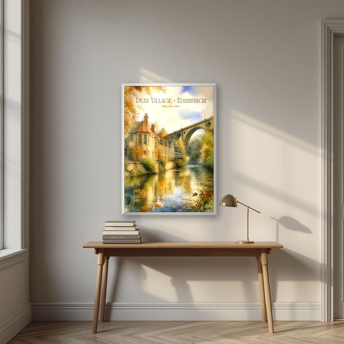 Dean Village — Edinburgh art print, in a white frame, styled in a desk