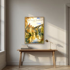 Dean Village — Edinburgh art print, in an oak frame, styled in a desk