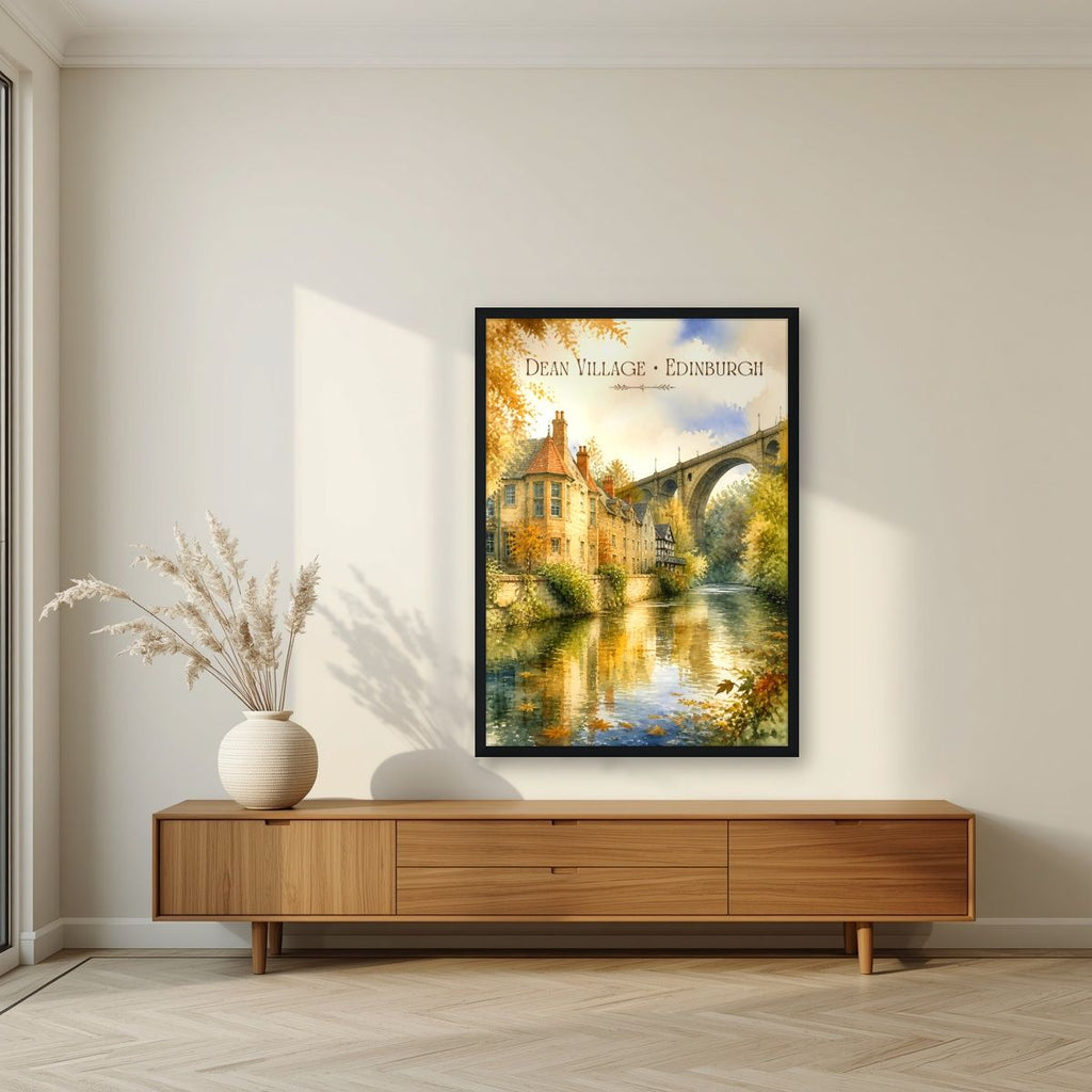 Dean Village — Edinburgh art print, in a black frame, styled in a living room