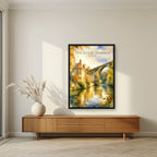 Dean Village — Edinburgh art print, in a black frame, styled in a living room