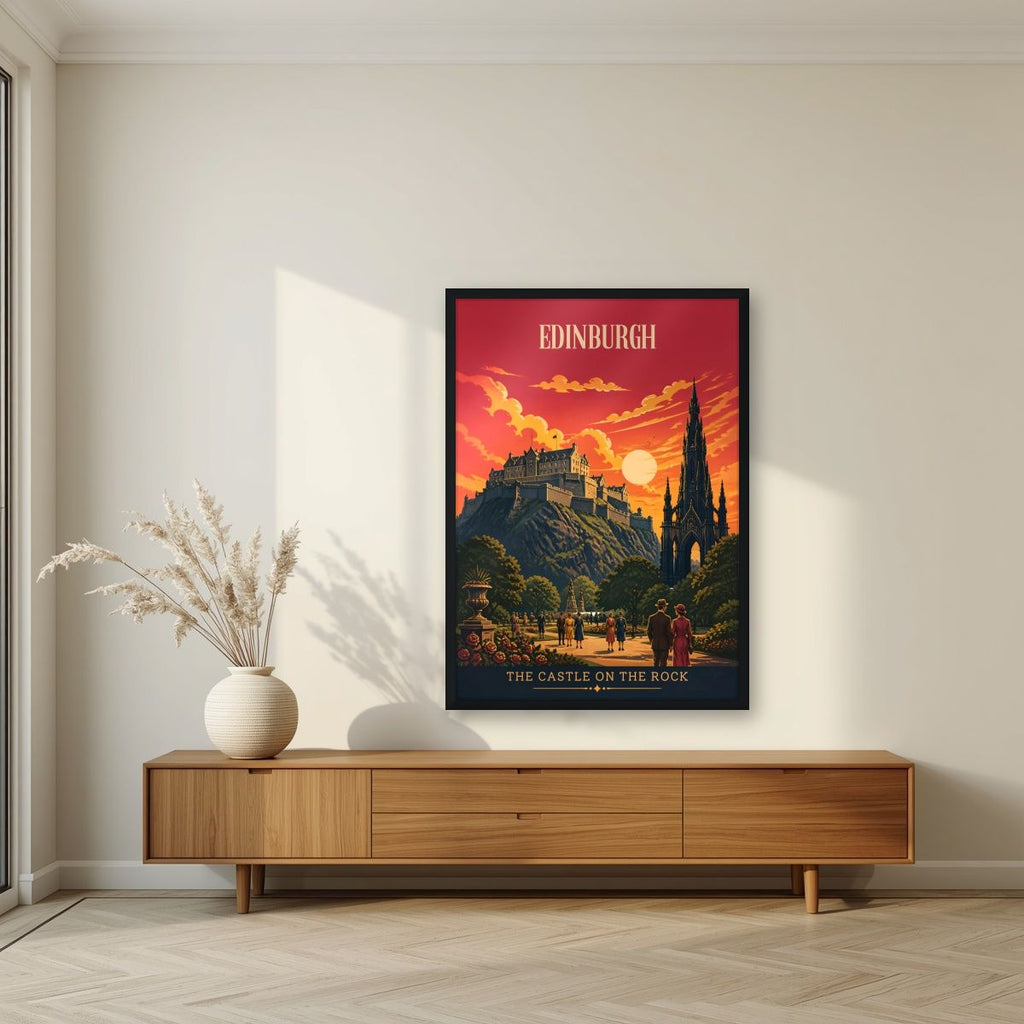 The Castle On The Rock — Edinburgh art print, in a black frame, styled in a living room