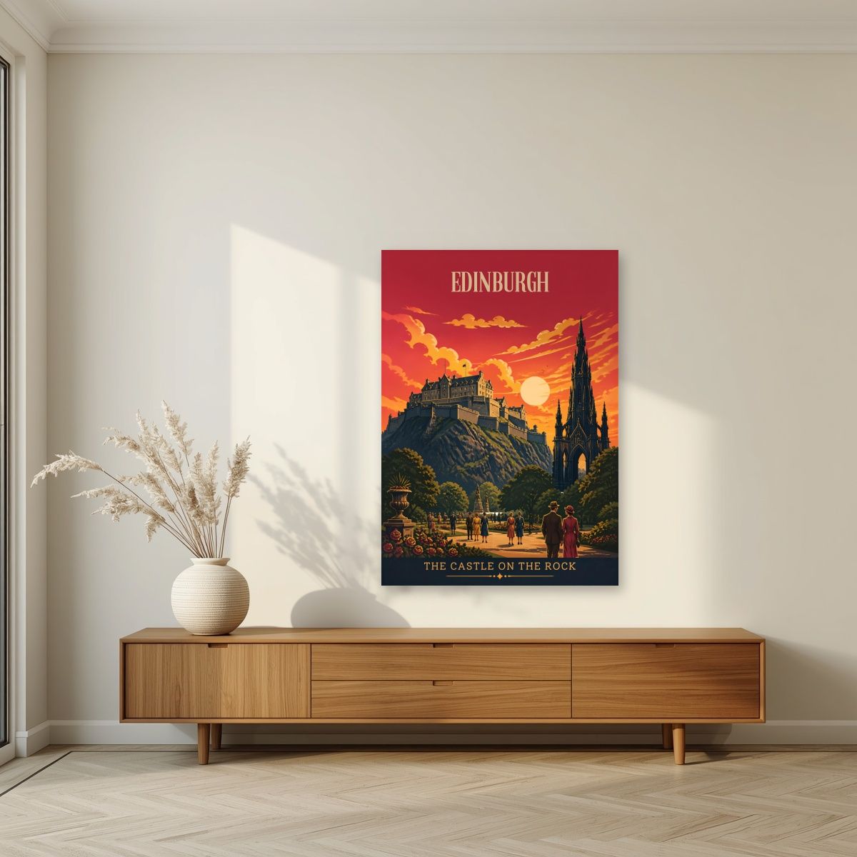 The Castle On The Rock — Edinburgh art print, unframed poster, styled in a living room