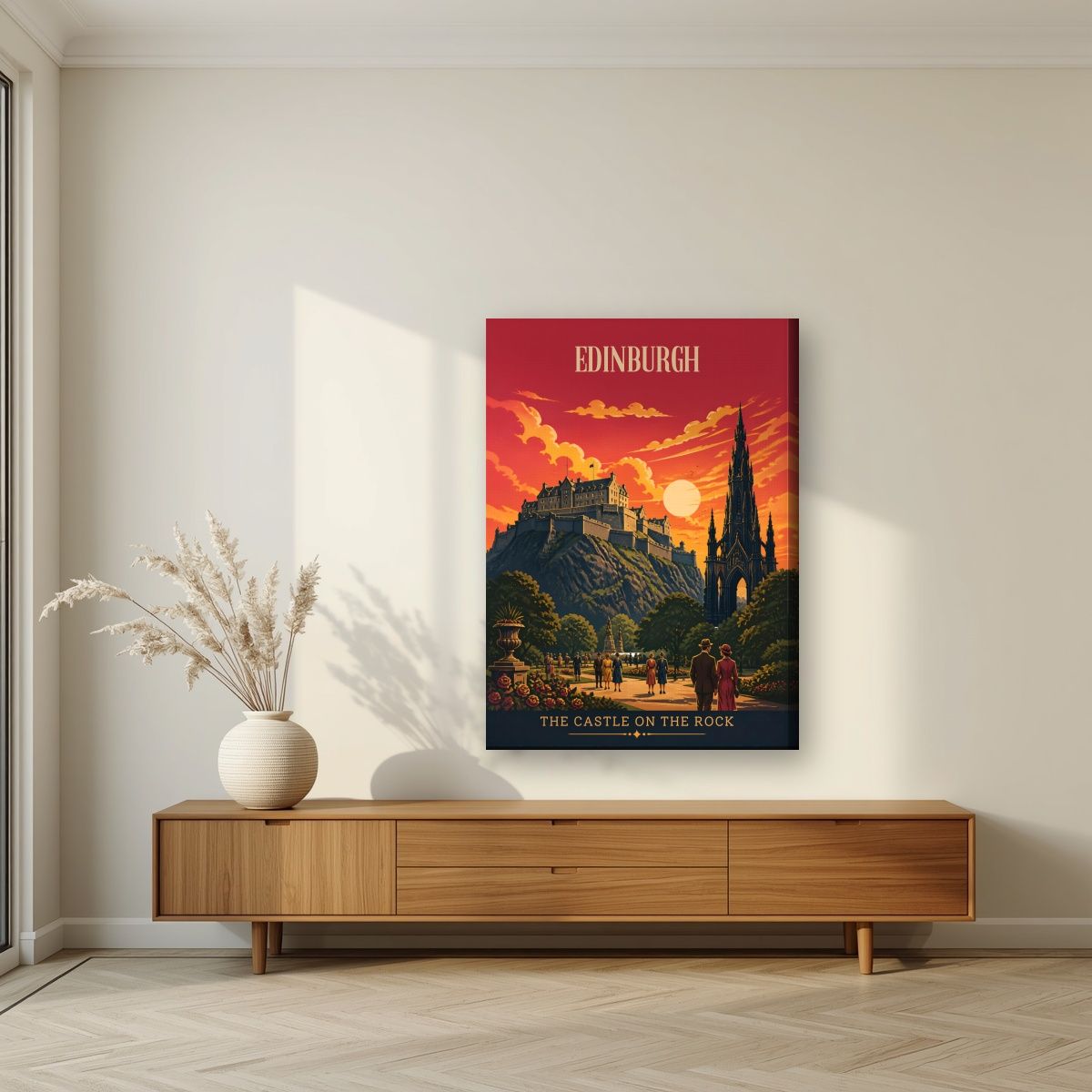 The Castle On The Rock — Edinburgh art print, on slim canvas, styled in a living room