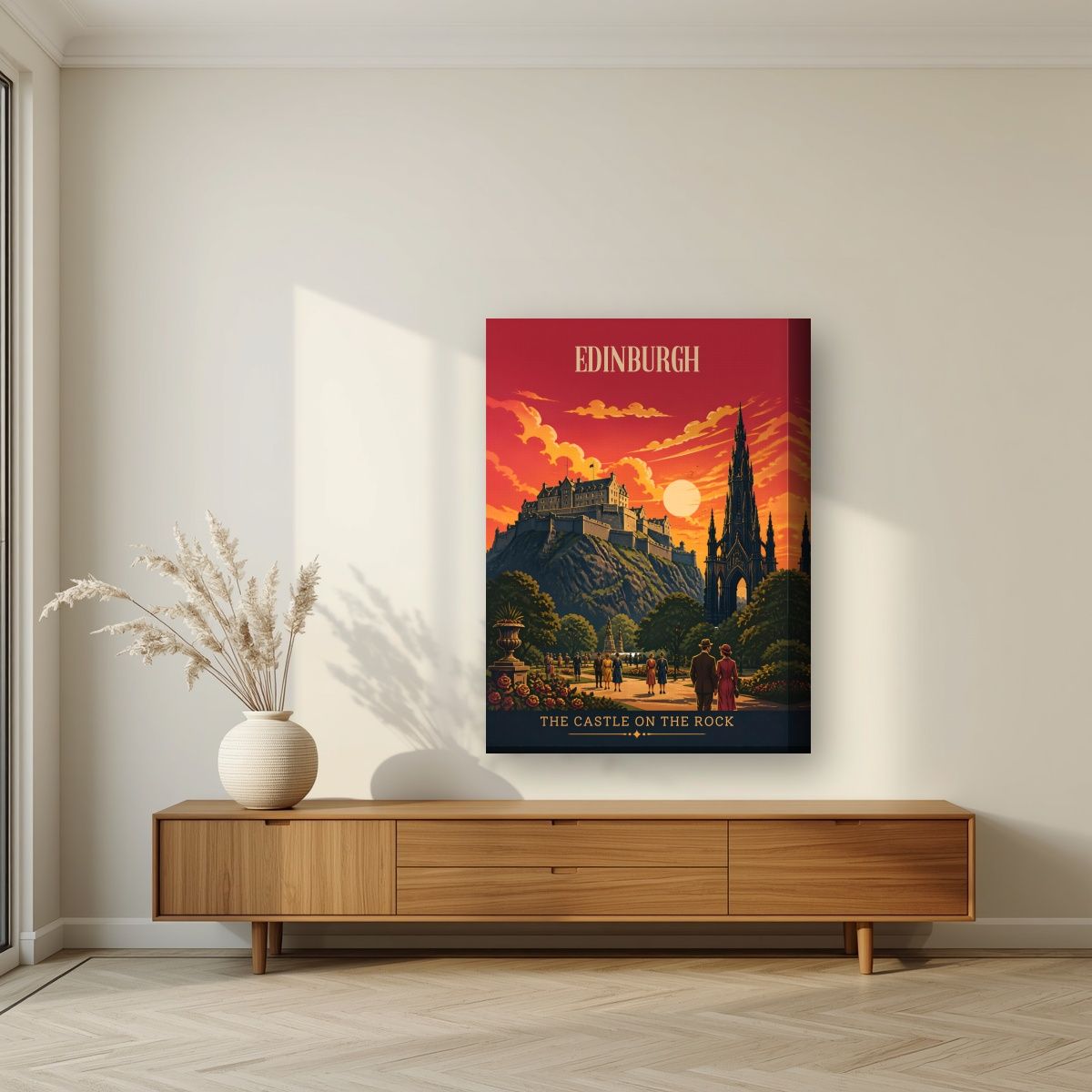 The Castle On The Rock — Edinburgh art print, on thick canvas, styled in a living room