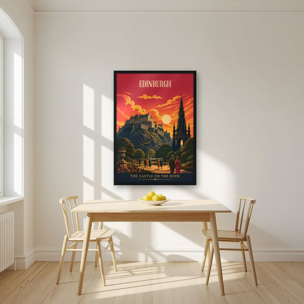 The Castle On The Rock — Edinburgh art print, in a black frame, styled in a kitchen