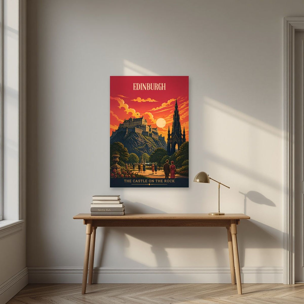 The Castle On The Rock — Edinburgh art print, unframed poster, styled in a desk
