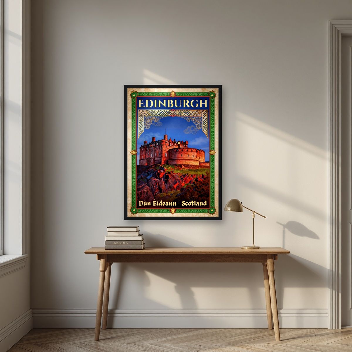 The Half Moon Battery — Edinburgh art print, in a black frame, styled in a desk