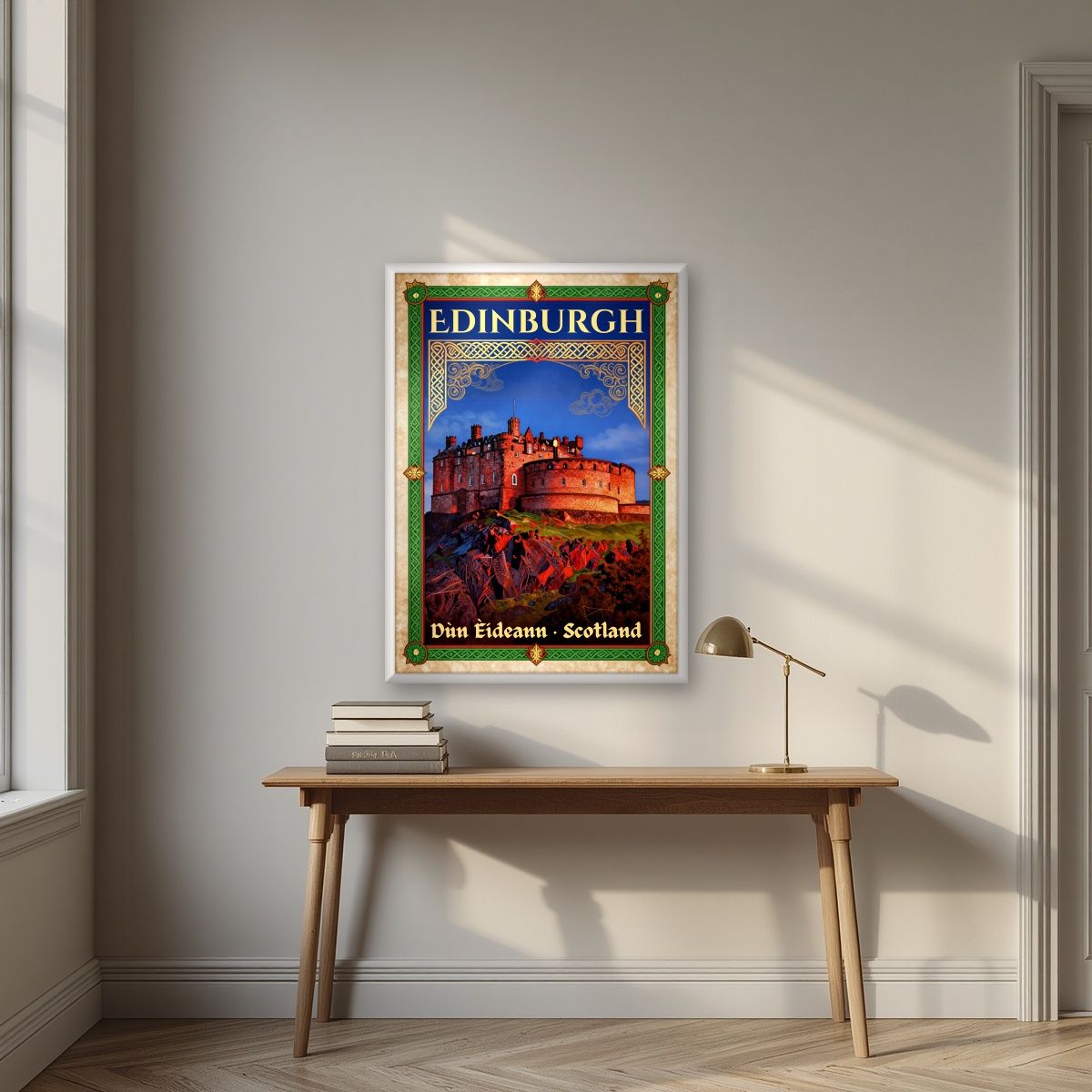 The Half Moon Battery — Edinburgh art print, in a white frame, styled in a desk