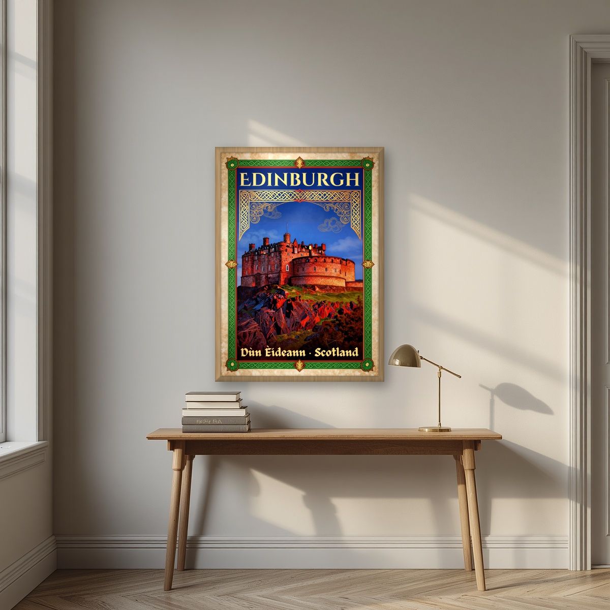 The Half Moon Battery — Edinburgh art print, in an oak frame, styled in a desk