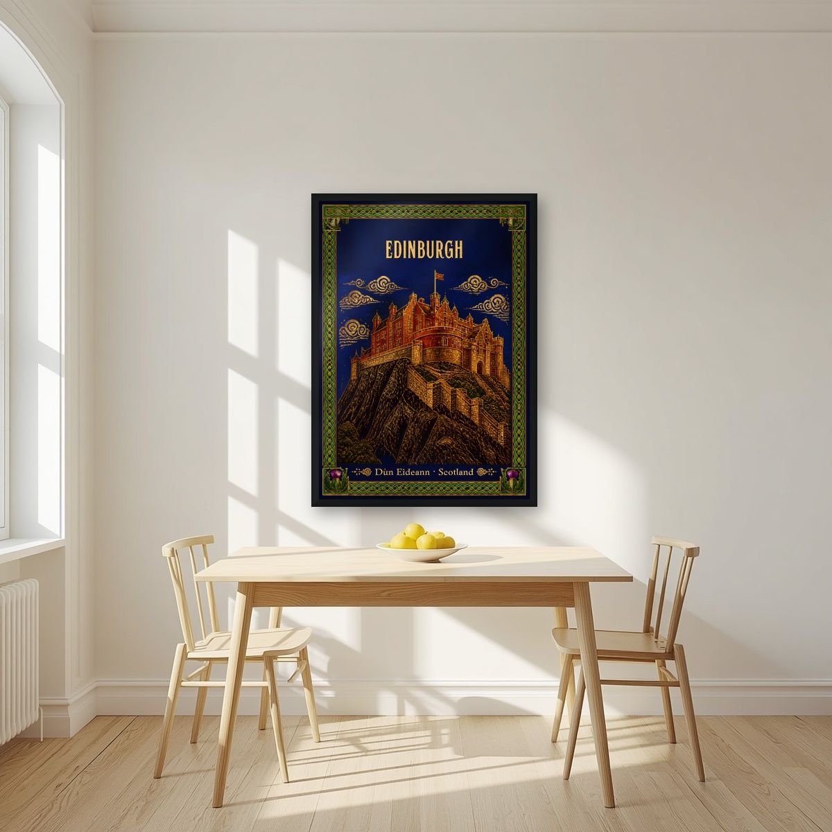 Thistle And Gold — Edinburgh art print, in a black frame, styled in a kitchen