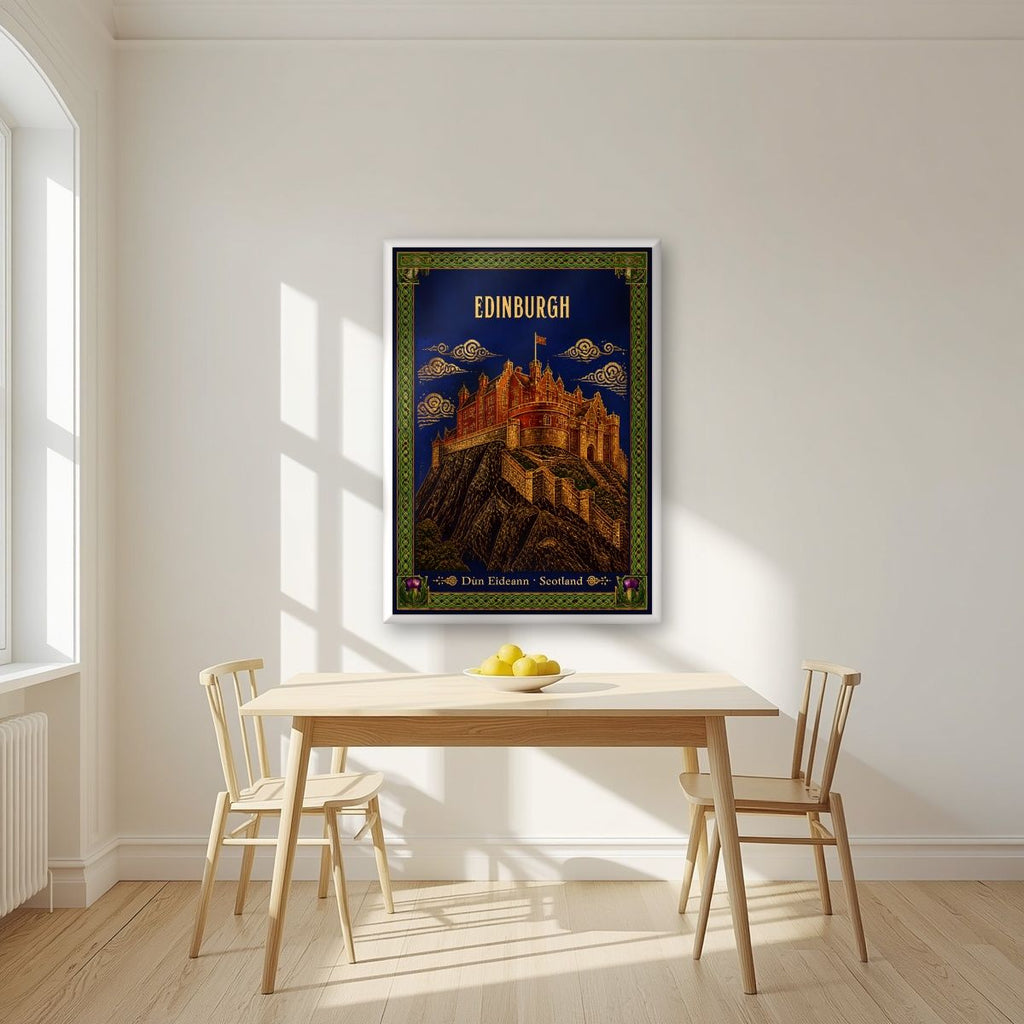Thistle And Gold — Edinburgh art print, in a white frame, styled in a kitchen
