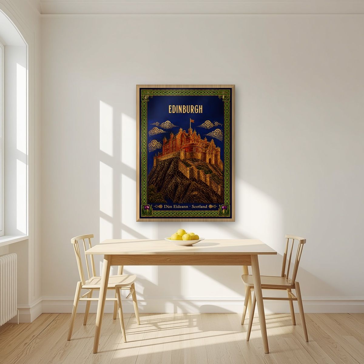 Thistle And Gold — Edinburgh art print, in an oak frame, styled in a kitchen