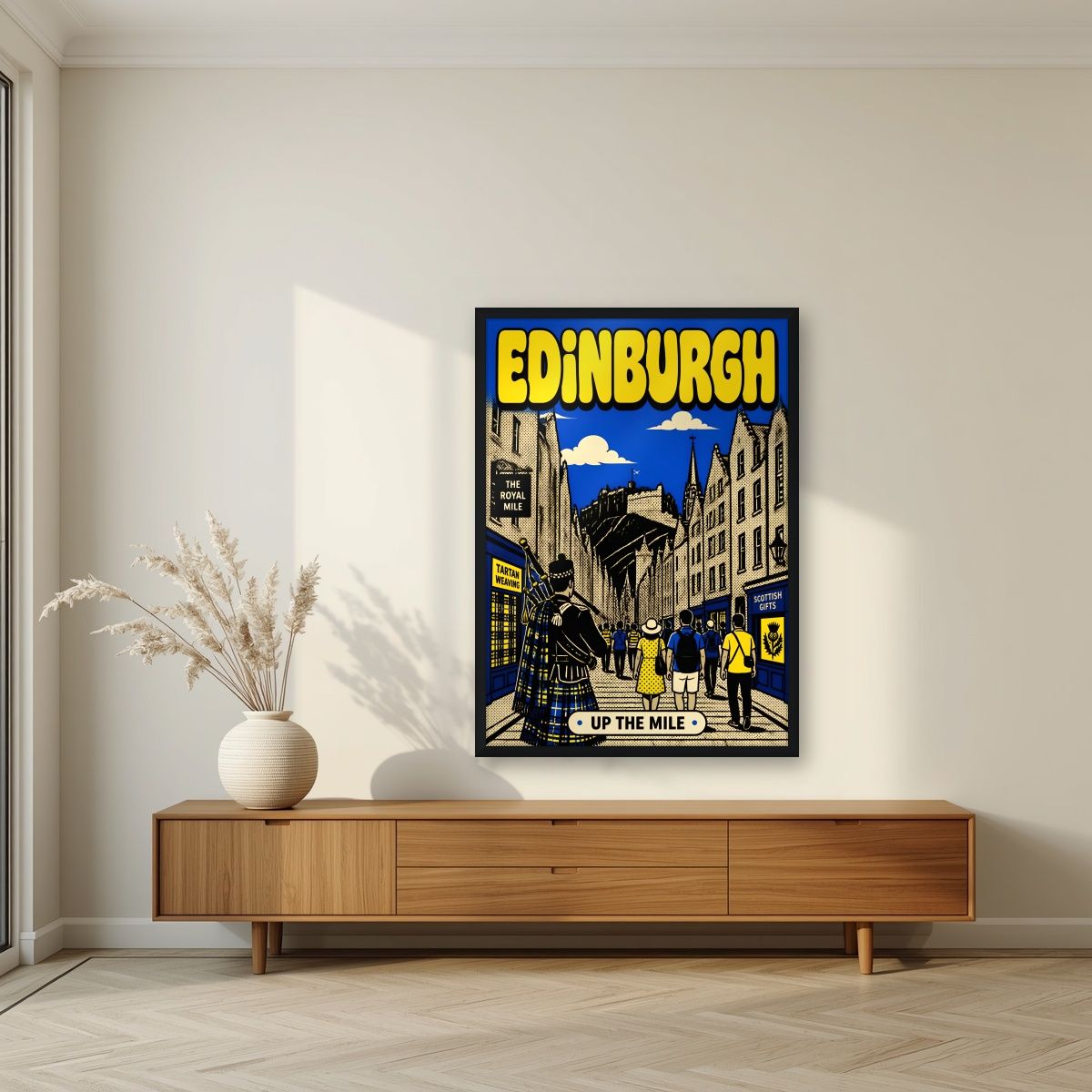 Up The Mile — Edinburgh art print, in a black frame, styled in a living room