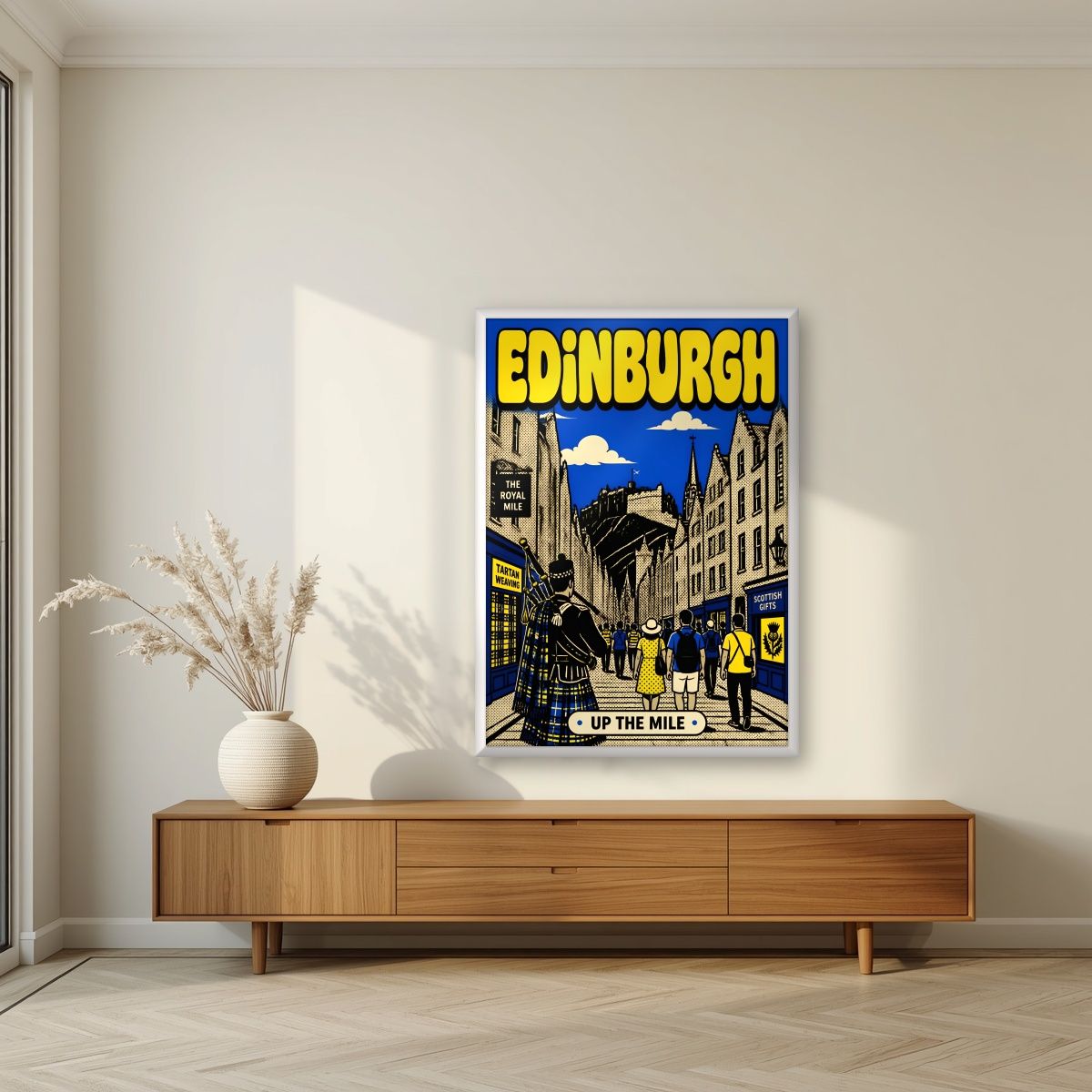 Up The Mile — Edinburgh art print, in a white frame, styled in a living room