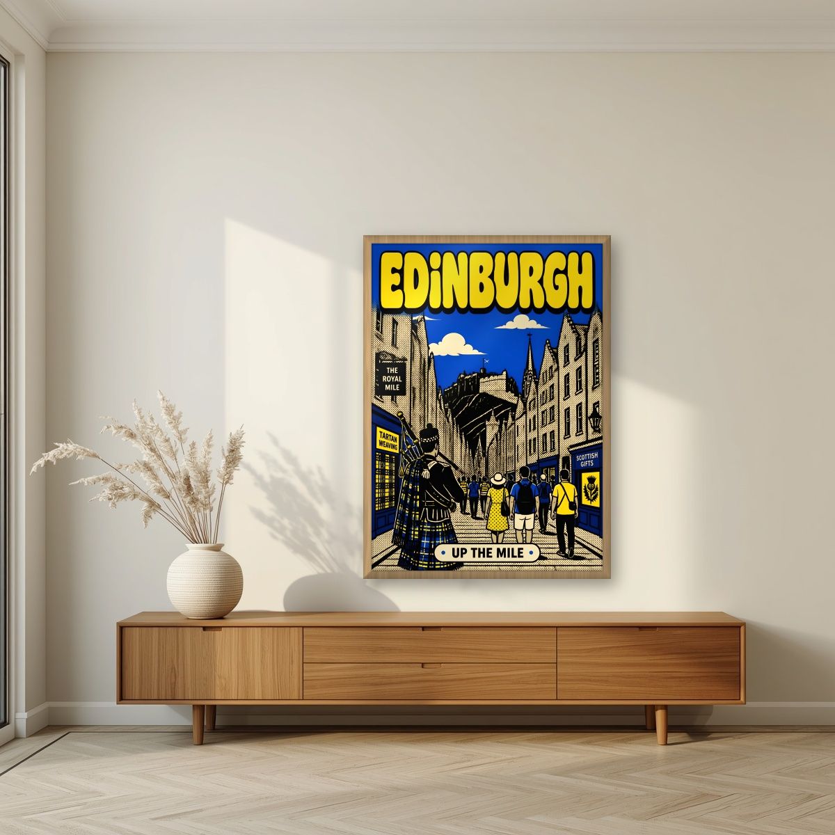 Up The Mile — Edinburgh art print, in an oak frame, styled in a living room
