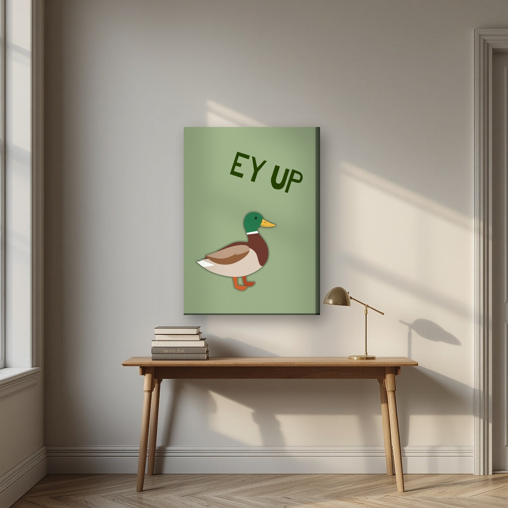 Ey Up Duck – Allotment Sage art print on slim canvas, styled above a desk