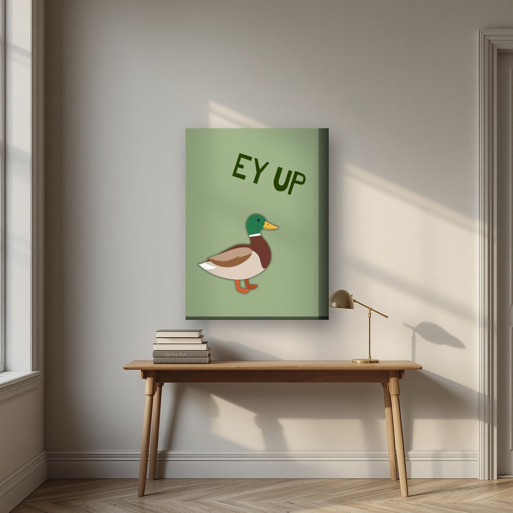 Ey Up Duck – Allotment Sage art print on thick canvas, styled above a desk