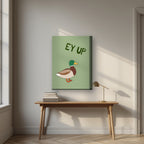 Ey Up Duck – Allotment Sage art print on thick canvas, styled above a desk
