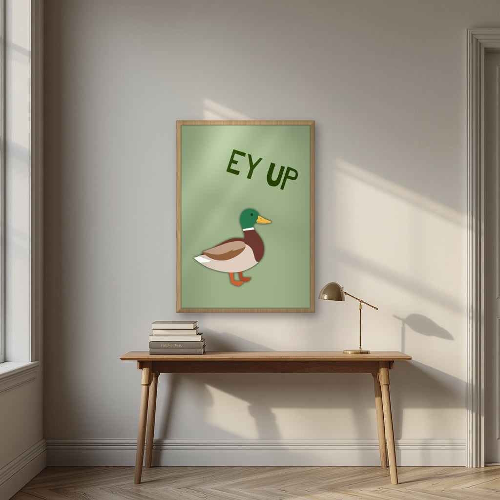 Ey Up Duck – Allotment Sage art print in an oak frame, styled above a desk