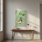 Ey Up Duck – Allotment Sage art print in a white frame, styled above a desk