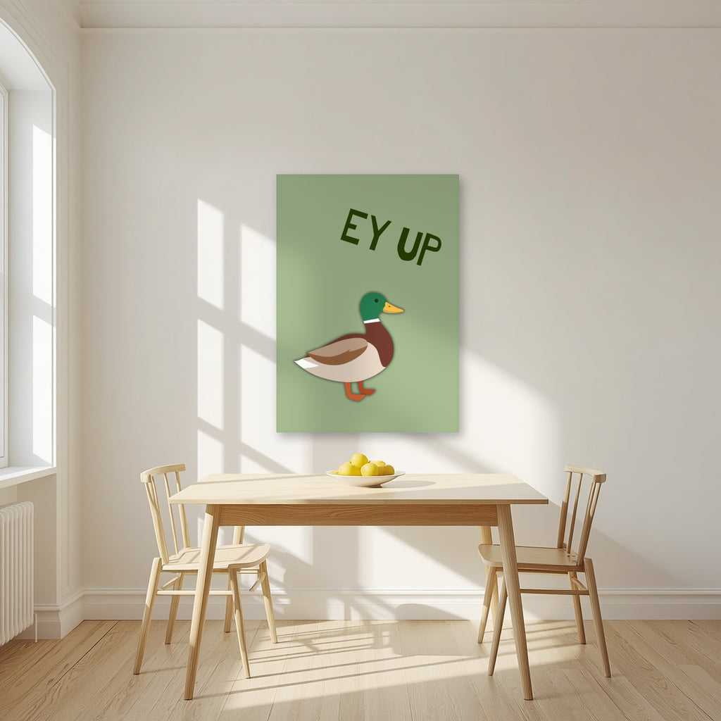 Ey Up Duck – Allotment Sage art print, unframed poster, styled in a kitchen
