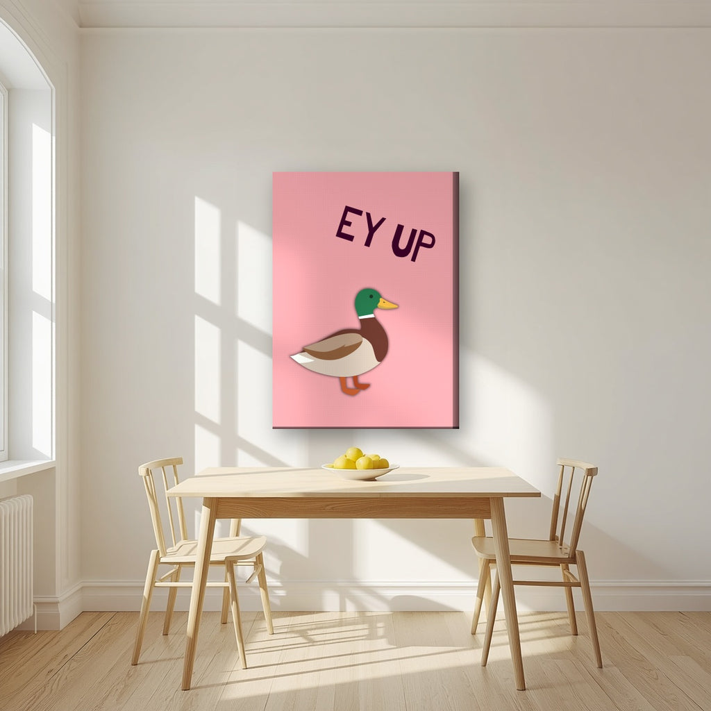 Ey Up Duck – Candyfloss Pink art print on slim canvas, styled in a kitchen