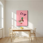 Ey Up Duck – Candyfloss Pink art print on slim canvas, styled in a kitchen