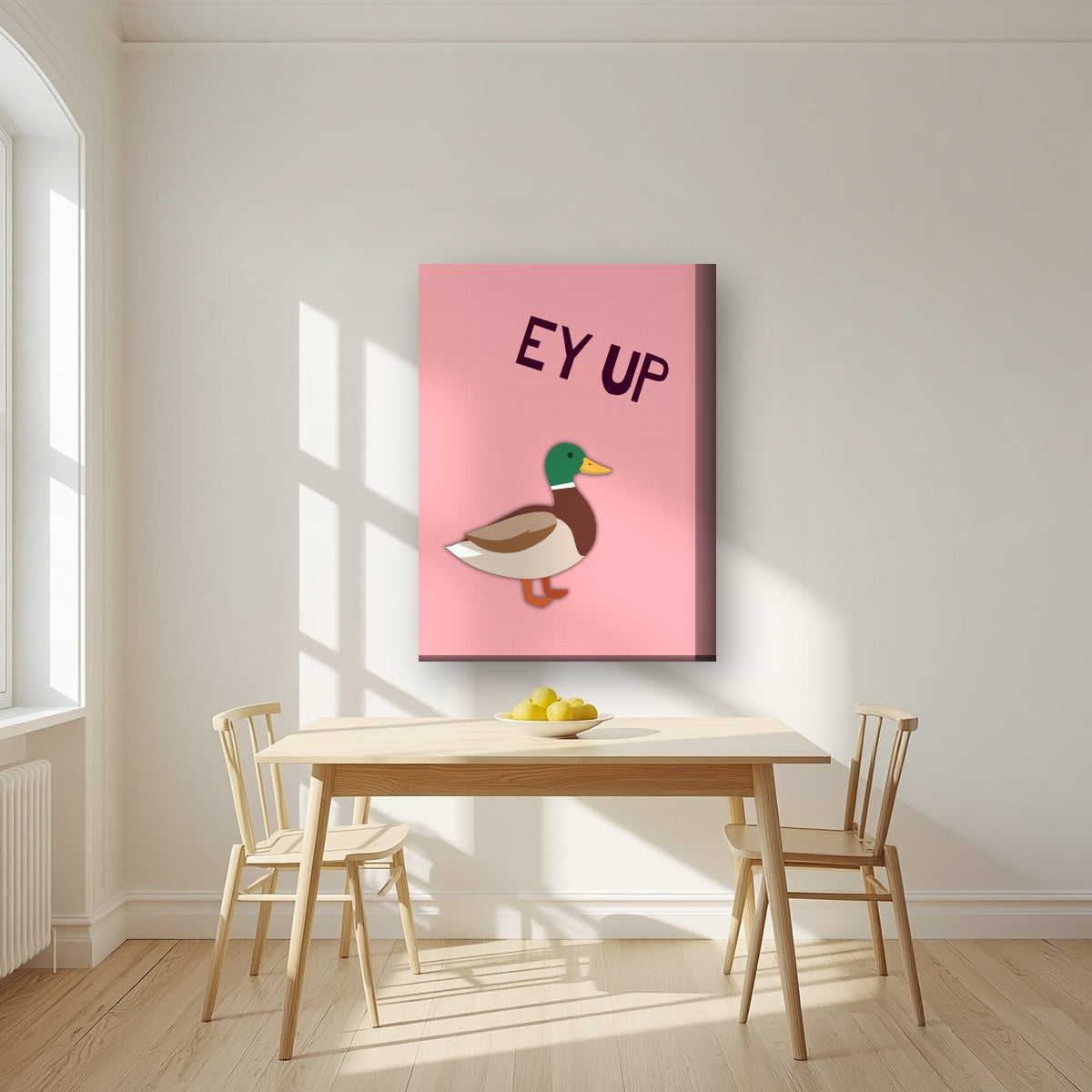 Ey Up Duck – Candyfloss Pink art print on thick canvas, styled in a kitchen