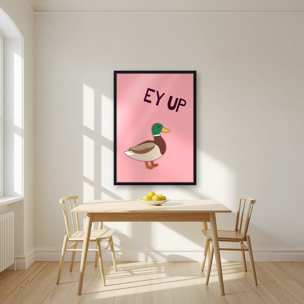 Ey Up Duck – Candyfloss Pink art print in a black frame, styled in a kitchen
