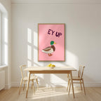 Ey Up Duck – Candyfloss Pink art print in an oak frame, styled in a kitchen