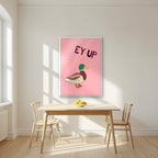 Ey Up Duck – Candyfloss Pink art print in a white frame, styled in a kitchen