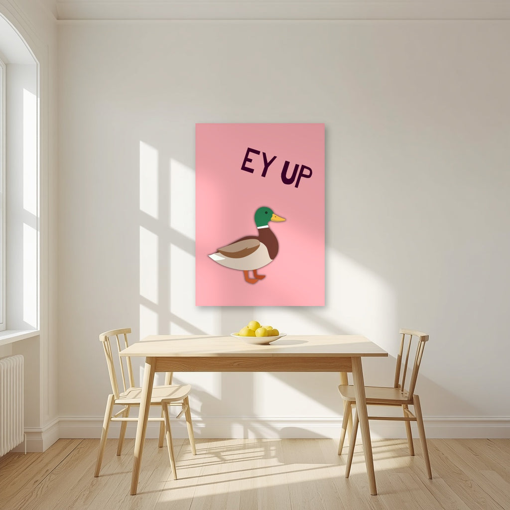 Ey Up Duck – Candyfloss Pink art print, unframed poster, styled in a kitchen