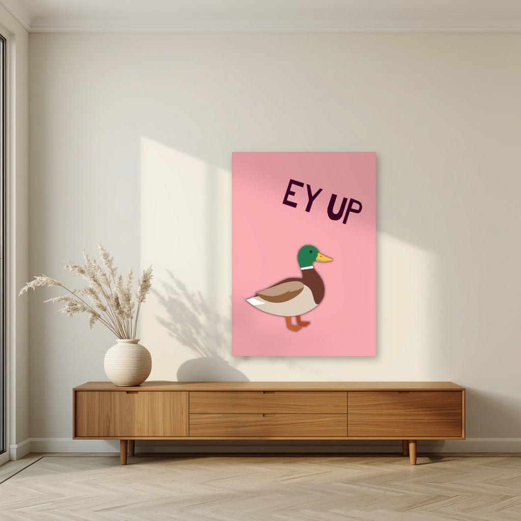 Ey Up Duck – Candyfloss Pink art print, unframed poster, styled in a living room