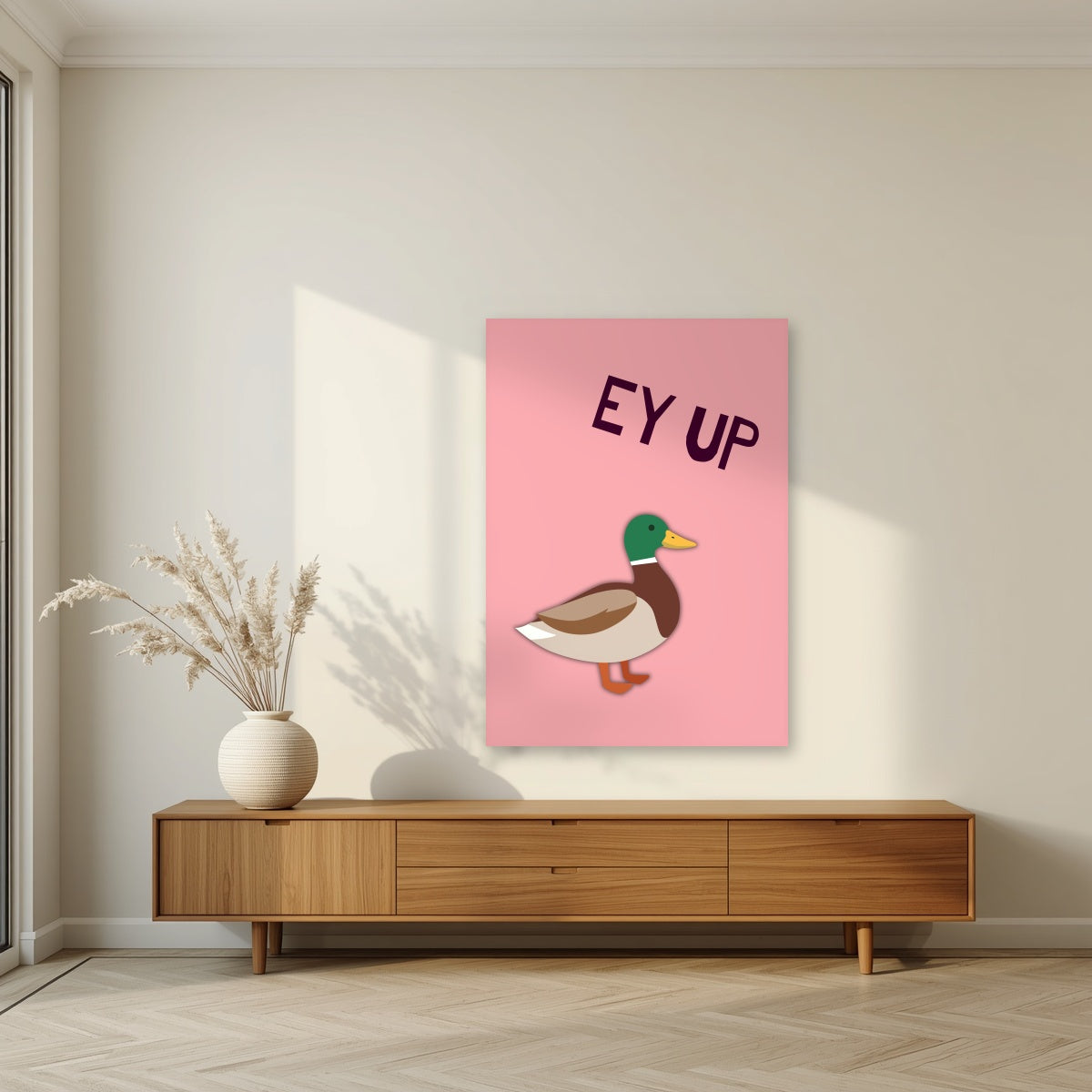 Ey Up Duck – Candyfloss Pink art print, unframed poster, styled in a living room