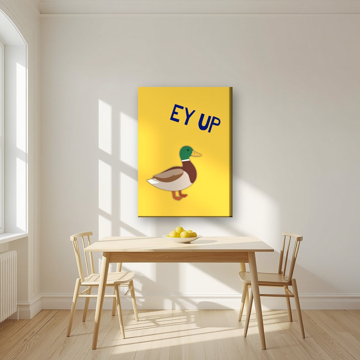 Ey Up Duck – Custard Gold art print on slim canvas, styled in a kitchen