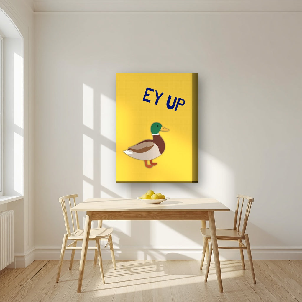 Ey Up Duck – Custard Gold art print on thick canvas, styled in a kitchen