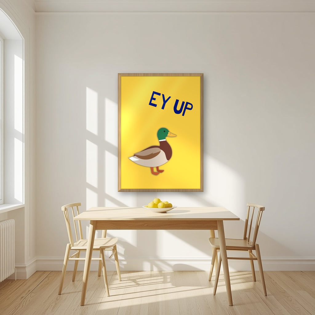 Ey Up Duck – Custard Gold art print in an oak frame, styled in a kitchen