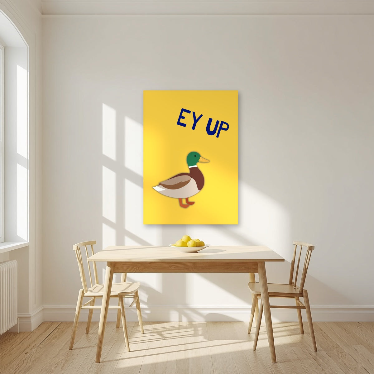 Ey Up Duck – Custard Gold art print, unframed poster, styled in a kitchen