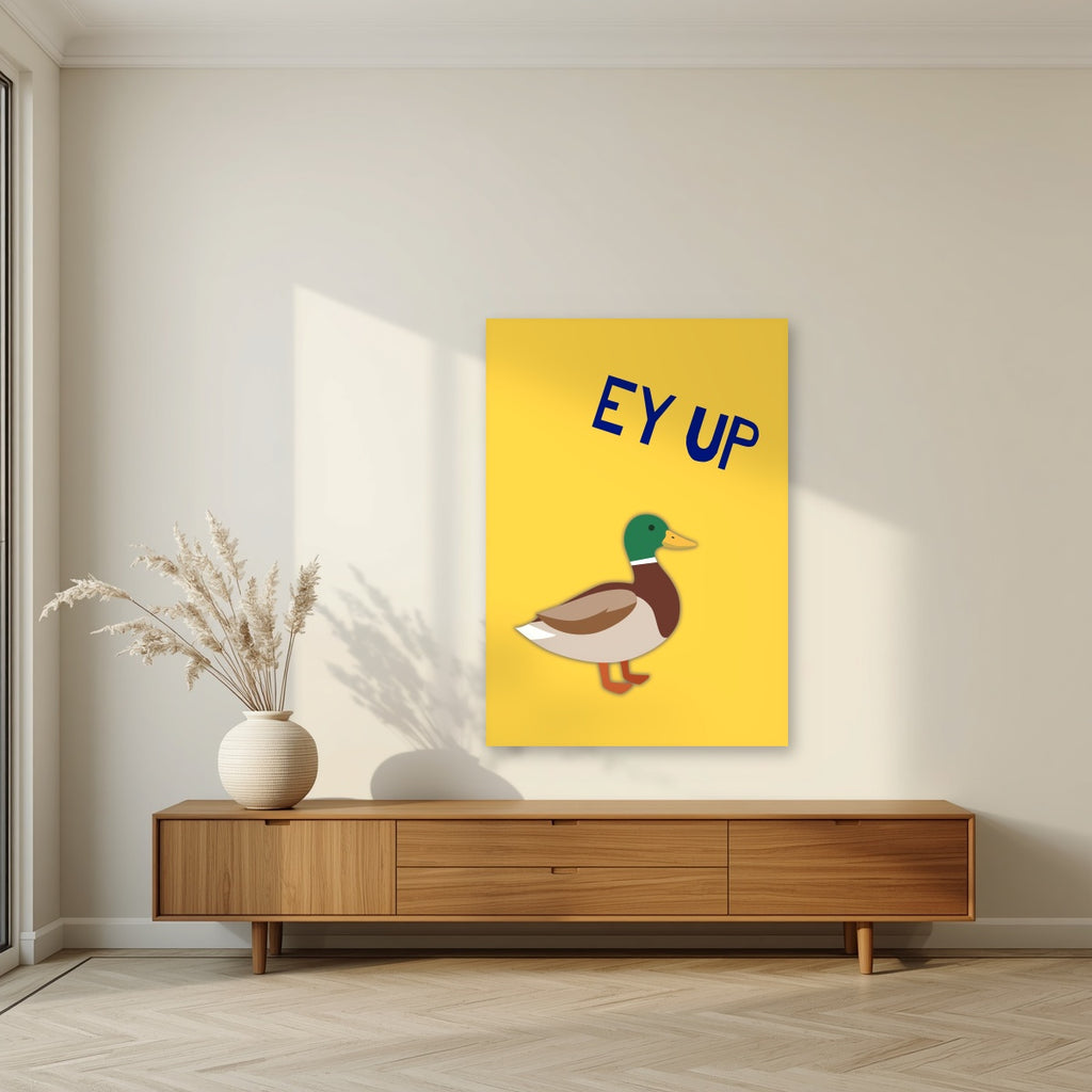 Ey Up Duck – Custard Gold art print, unframed poster, styled in a living room