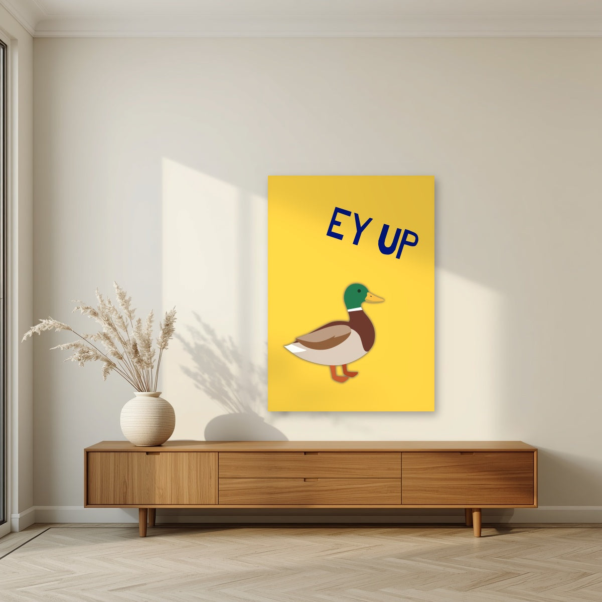 Ey Up Duck – Custard Gold art print, unframed poster, styled in a living room