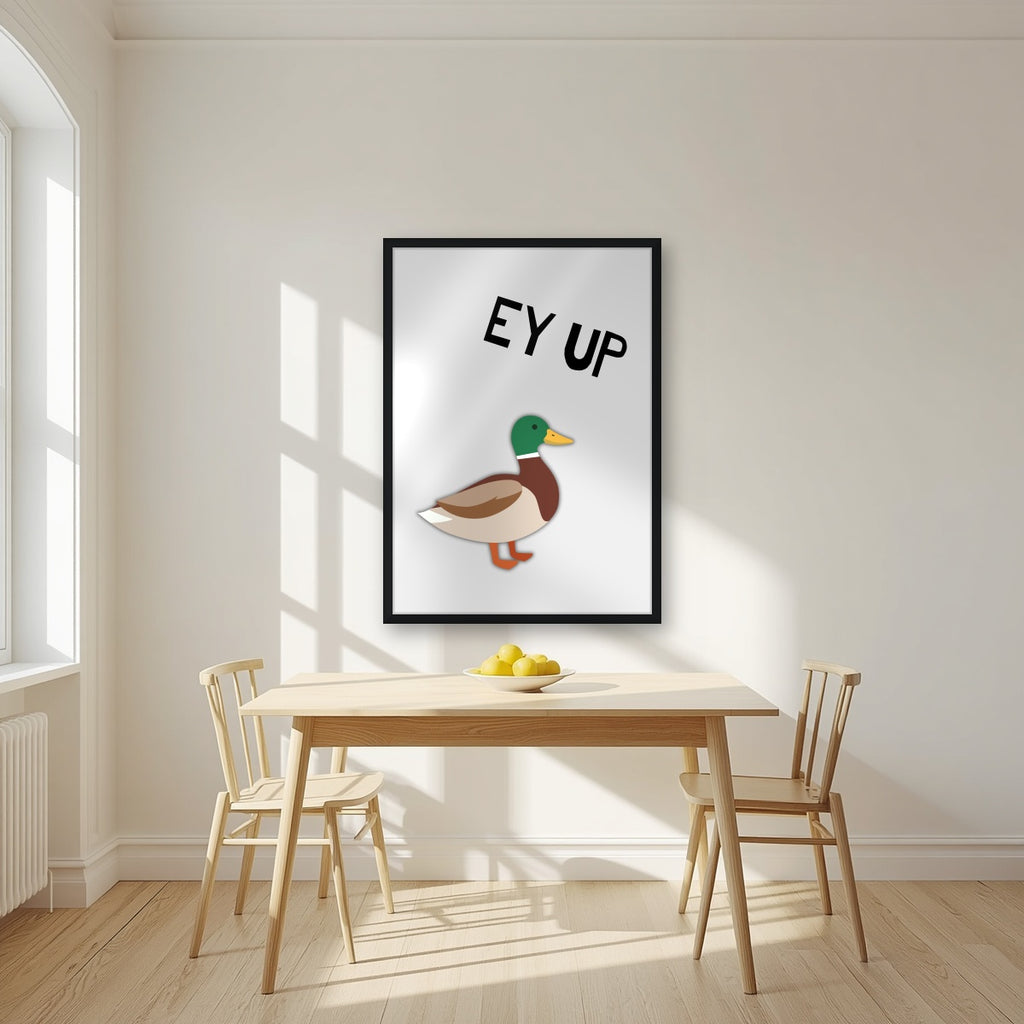 Ey Up Duck – Drizzle Grey art print in a black frame, styled in a kitchen