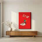 Ey Up Duck – Postbox Red art print on thick canvas, styled in a living room