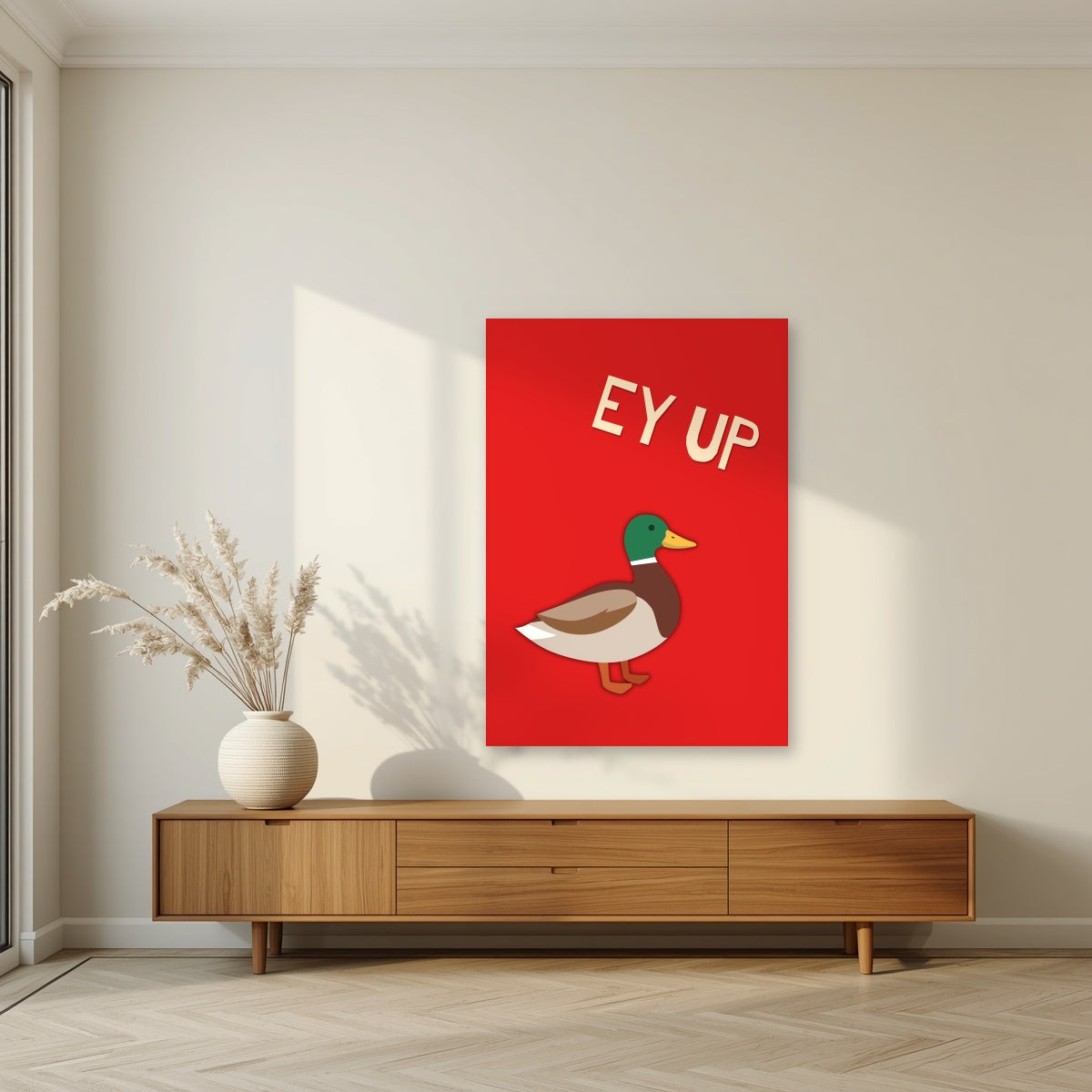 Ey Up Duck – Postbox Red art print, unframed poster, styled in a living room