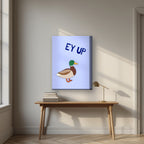 Ey Up Duck – Powder Blue art print on thick canvas, styled above a desk