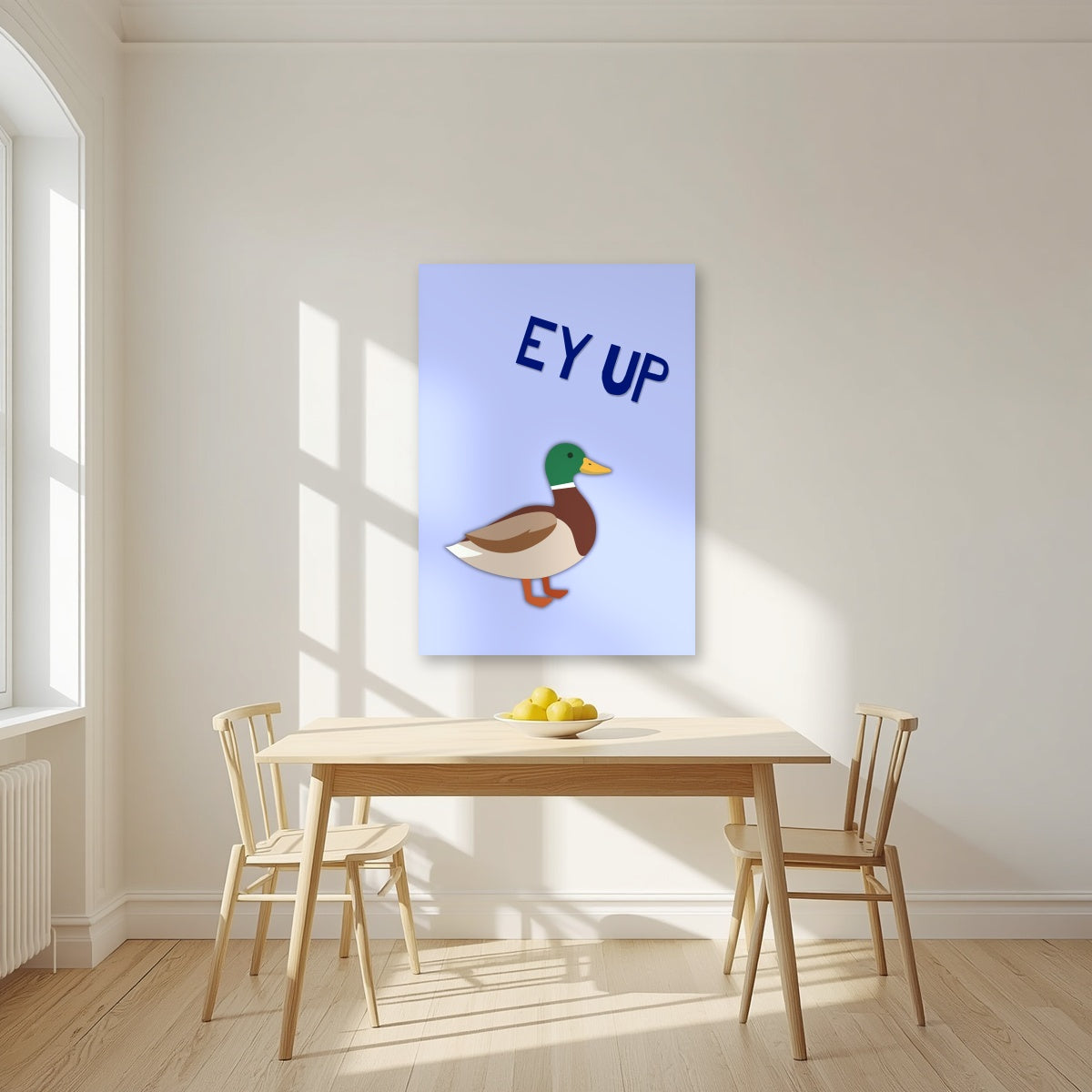 Ey Up Duck – Powder Blue art print, unframed poster, styled in a kitchen