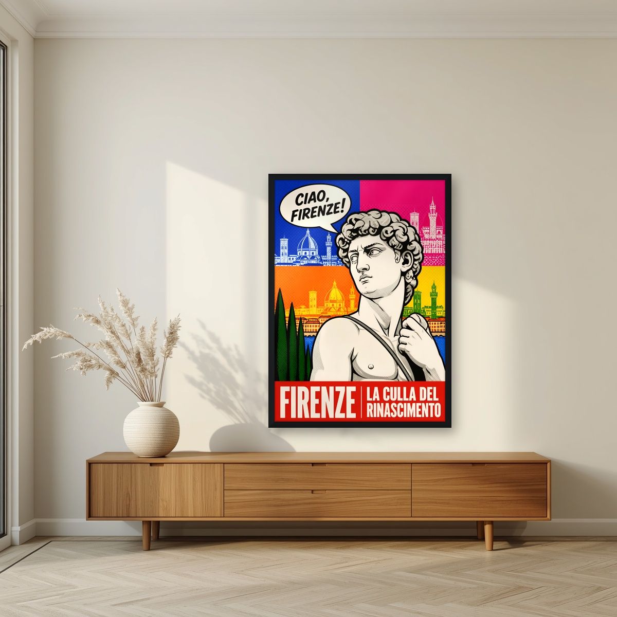Ciao, Firenze! — Firenze art print, in a black frame, styled in a living room